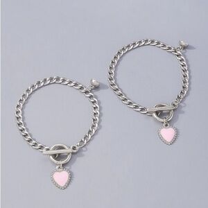 Silver and Pink Heart Pendant Curb Chain Bracelet
